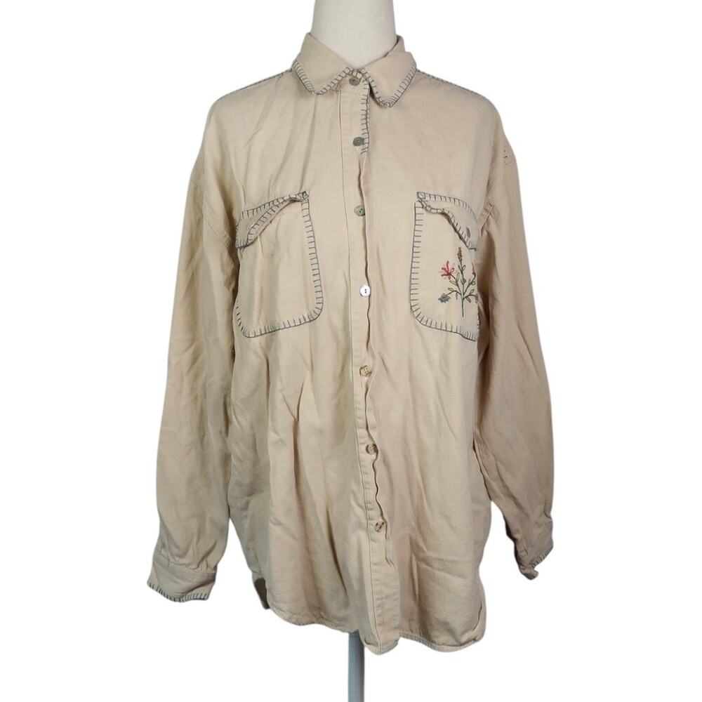Vintage 90s Andrew's Blues Cream Button Down Shirt Floral Embroidery M